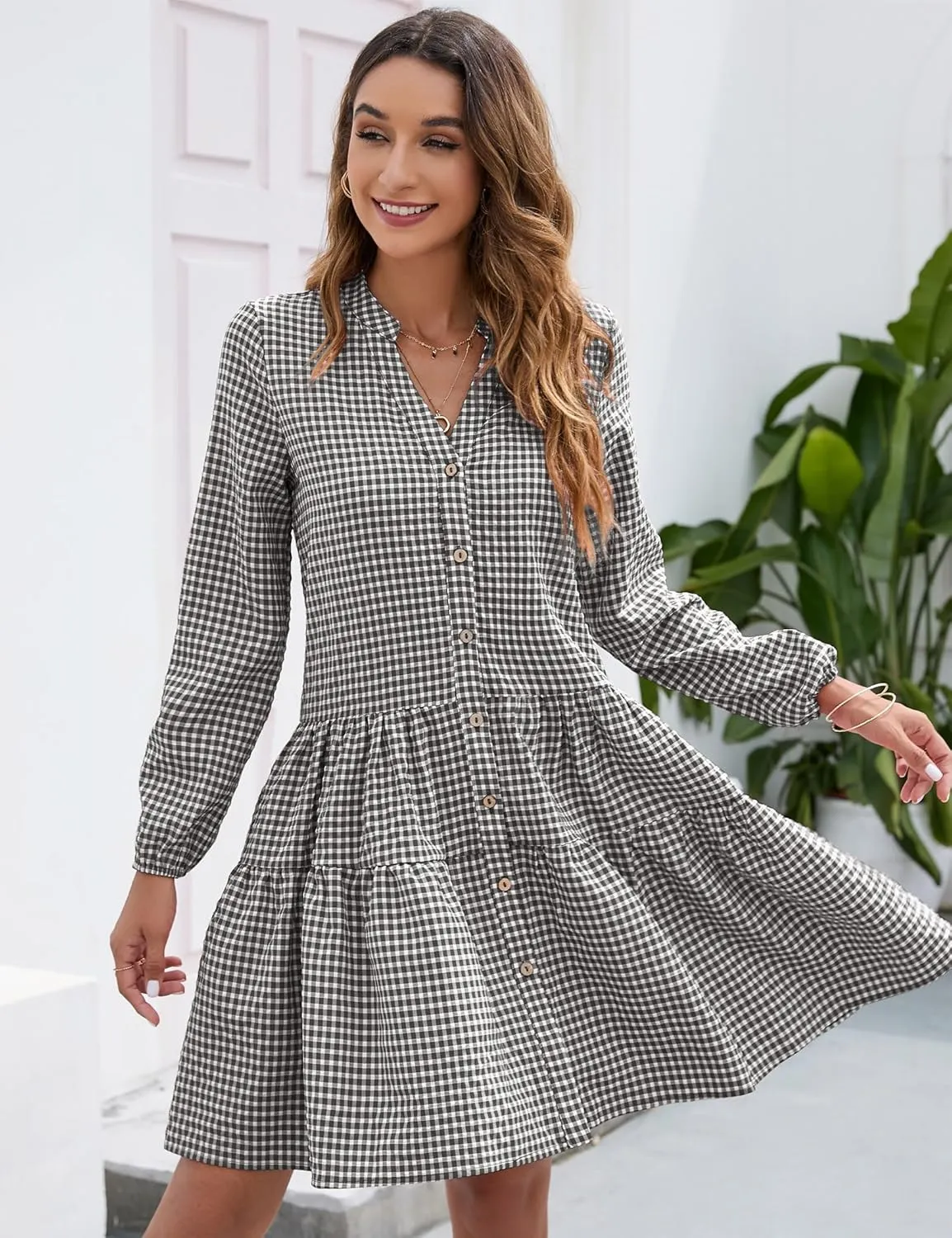 KOJOOIN Women's Casual Sleeve V Neck Boho Floral Print Ruffle Midi Fall Flowy Long Dress