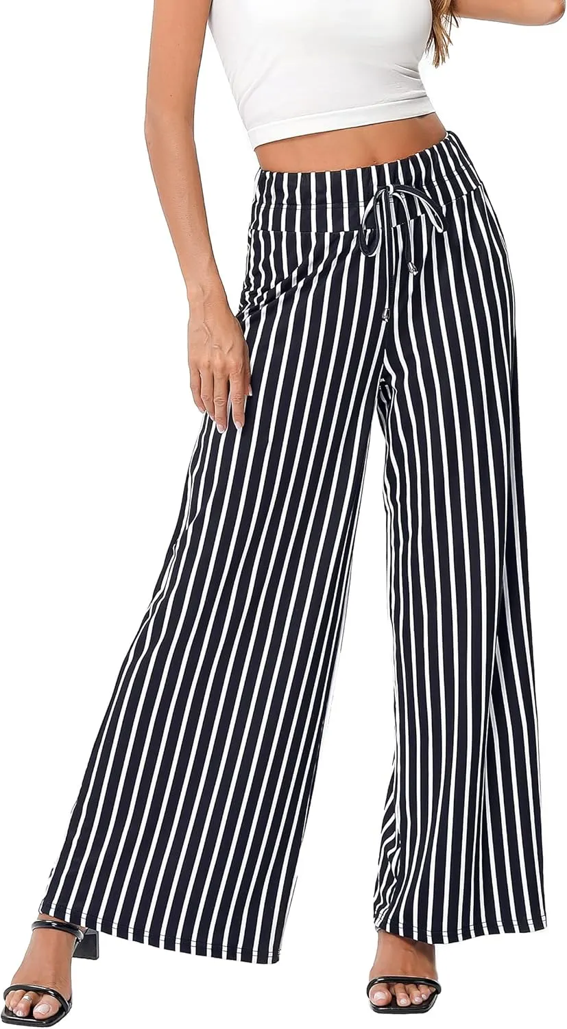 KOJOOIN Women's Wide Leg Pants Casual Palazzo Summer Flowy Pants Elastic High Waist Lounge Drawstring Long Trousers for Women