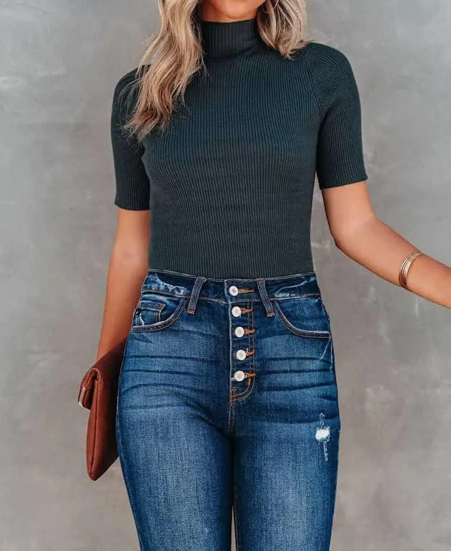 Lacozy Women Casual Basic Mock Neck Top Short Sleeve Shirt Slim Fit Ribbed Knit Pullover Sweater