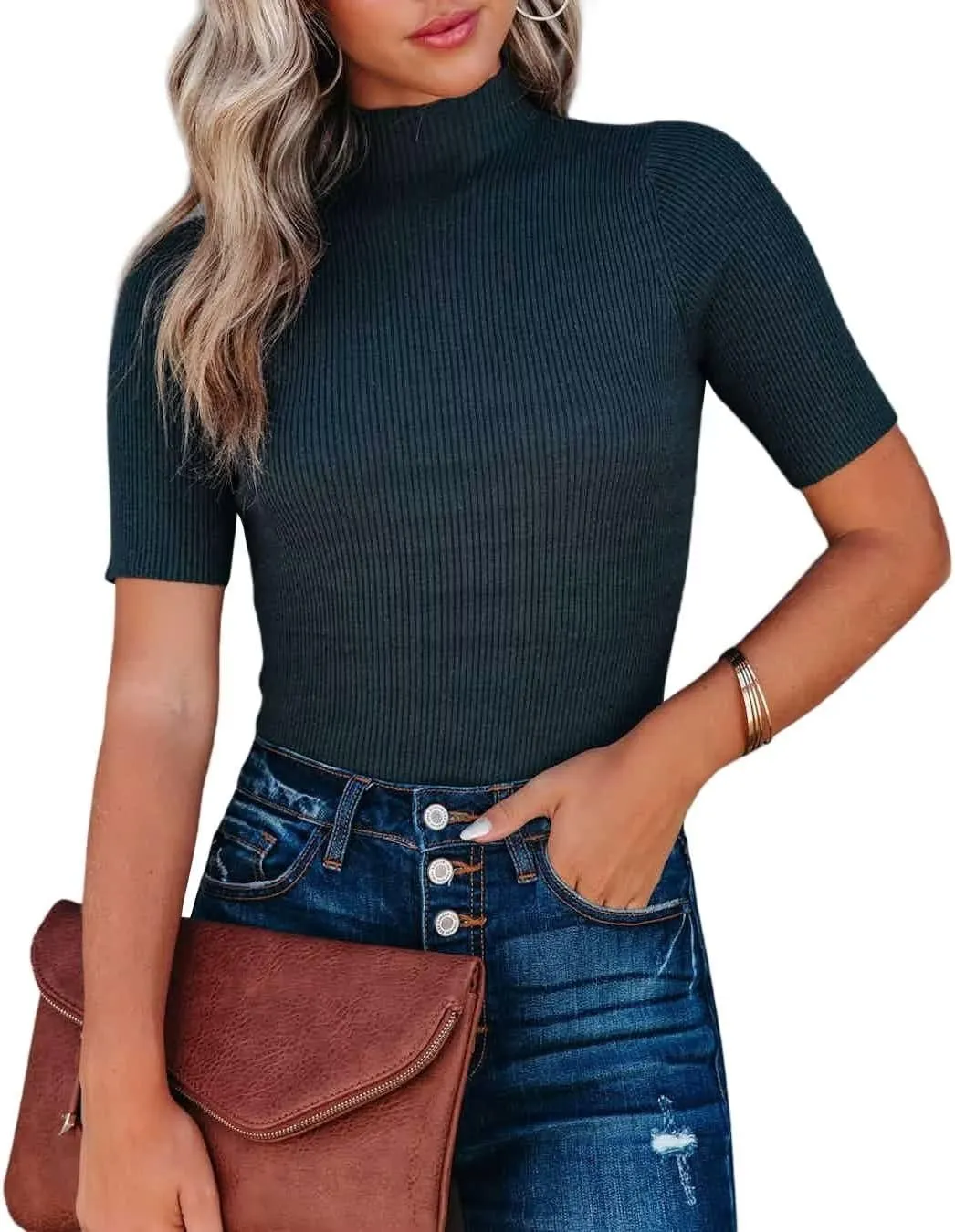 Lacozy Women Casual Basic Mock Neck Top Short Sleeve Shirt Slim Fit Ribbed Knit Pullover Sweater