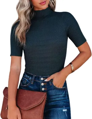 Lacozy Women Casual Basic Mock Neck Top Short Sleeve Shirt Slim Fit Ribbed Knit Pullover Sweater