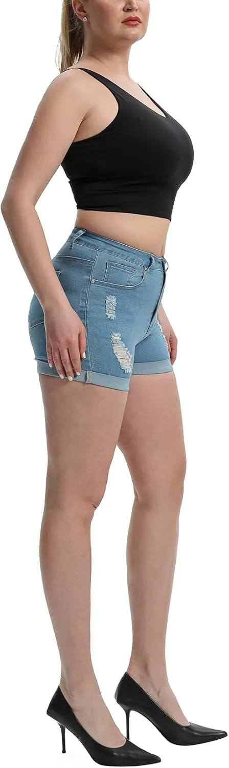 Laeyzuo Women's High Waisted Stretch Jean Shorts Foldead Hem Fashion Denim Shorts