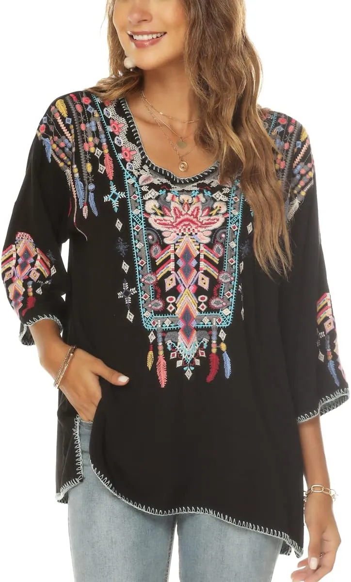 LauraKlein Women Mexican Embroidered Shirt for Women Bohemian Style Top Blouse 3/4 Sleeve Summer Casual Tunics