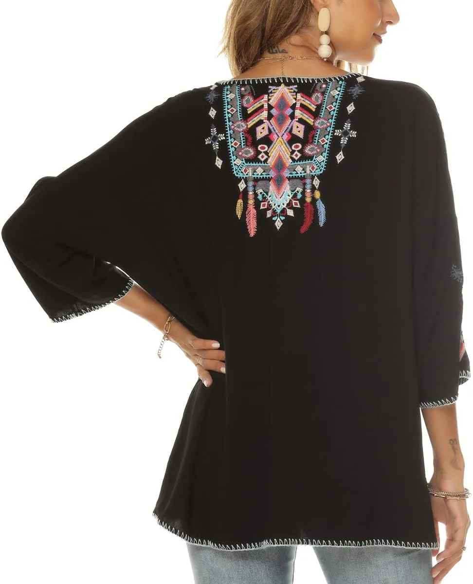 LauraKlein Women Mexican Embroidered Shirt for Women Bohemian Style Top Blouse 3/4 Sleeve Summer Casual Tunics