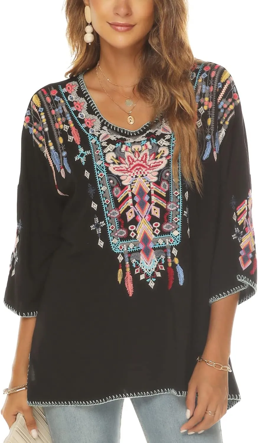 LauraKlein Women Mexican Embroidered Shirt for Women Bohemian Style Top Blouse 3/4 Sleeve Summer Casual Tunics