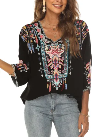 LauraKlein Women Mexican Embroidered Shirt for Women Bohemian Style Top Blouse 3/4 Sleeve Summer Casual Tunics
