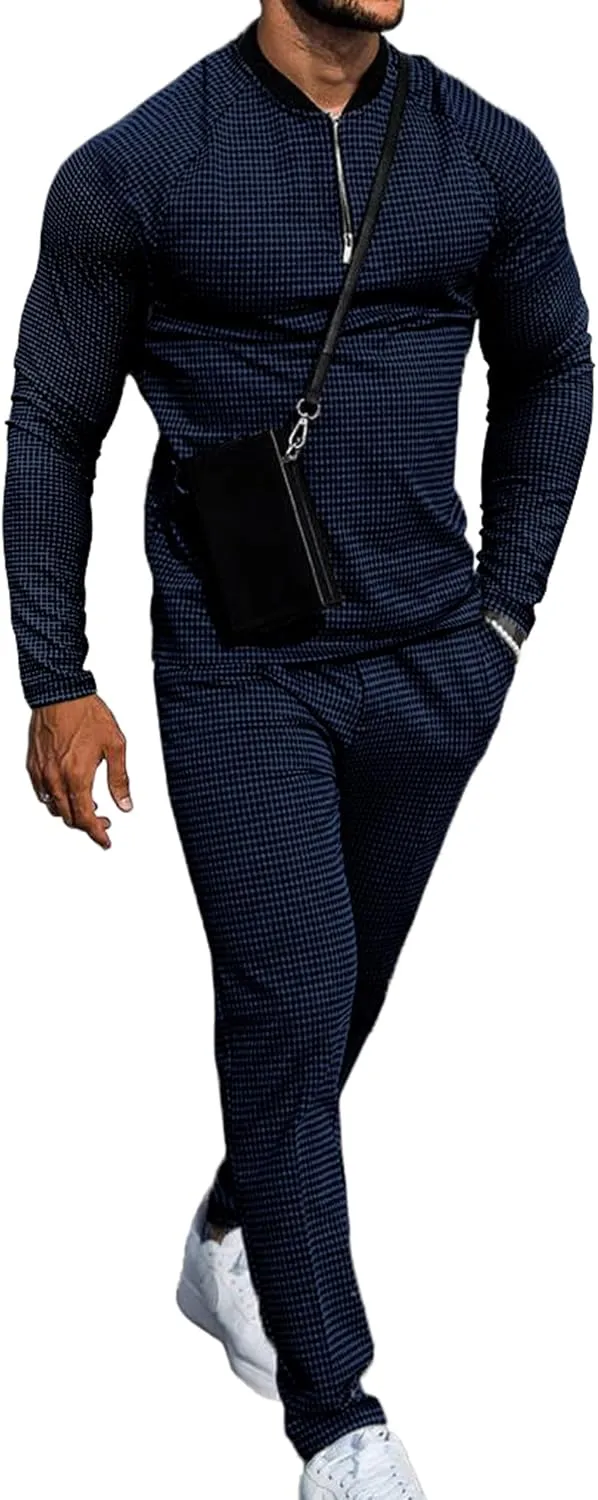 LecGee Mens 2 Piece Outfits Long Sleeve Athletic Quarter Zip Polo Tracksuit Jogging Casual Sports Sweatsuit Set
