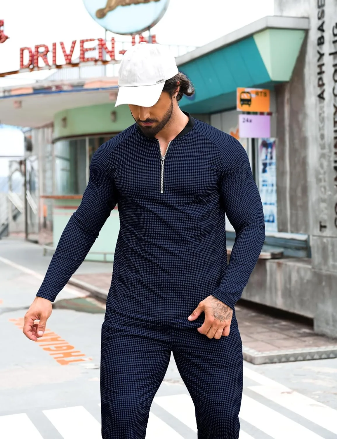 LecGee Mens 2 Piece Outfits Long Sleeve Athletic Quarter Zip Polo Tracksuit Jogging Casual Sports Sweatsuit Set