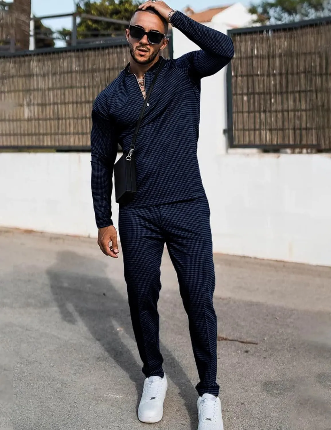 LecGee Mens 2 Piece Outfits Long Sleeve Athletic Quarter Zip Polo Tracksuit Jogging Casual Sports Sweatsuit Set