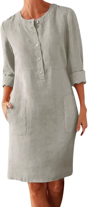 Linen Dresses for Women 2025 Summer Casual 3/4 Sleeve Button Down Midi Dress Plus Size Crewneck Loose Beach Sundress