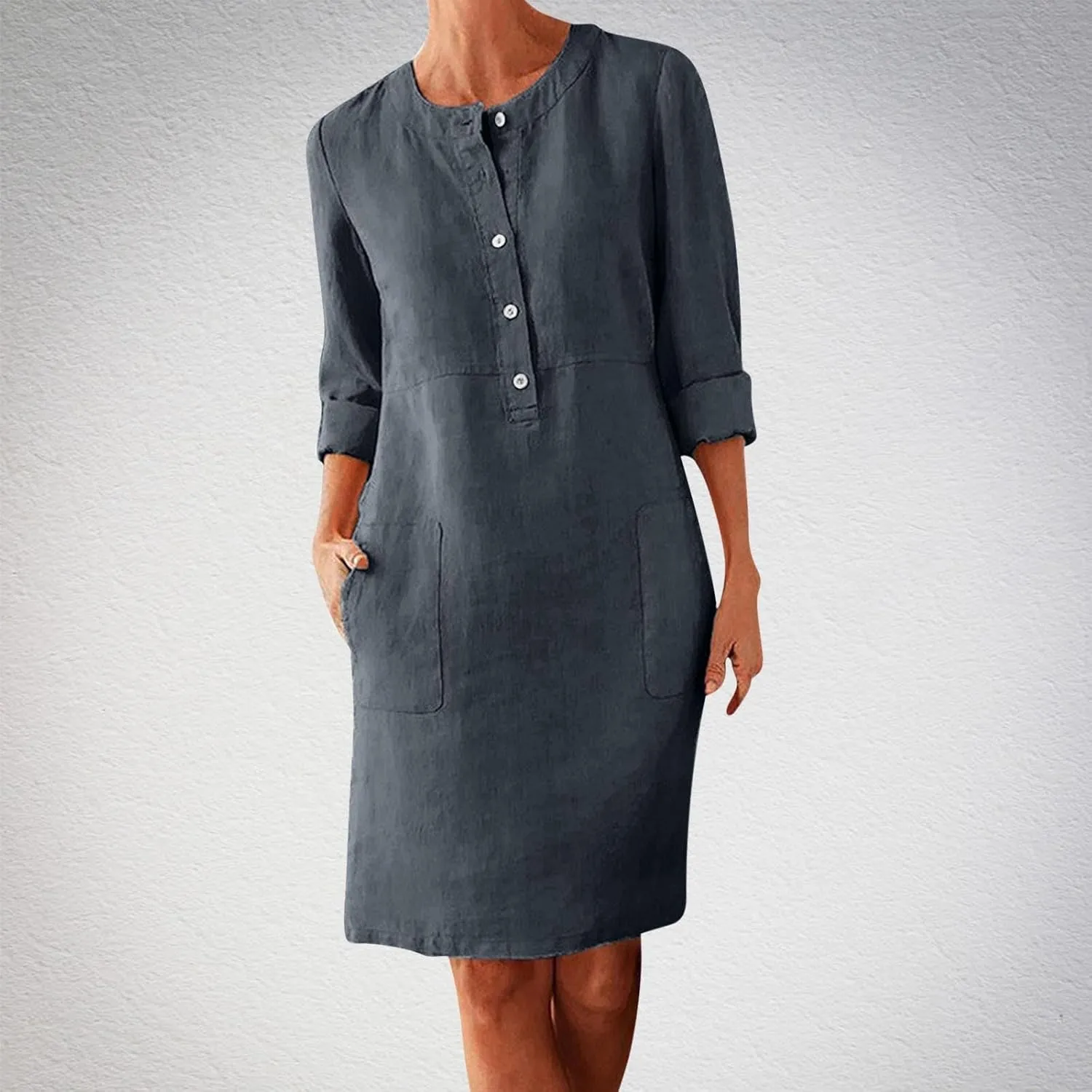 Linen Dresses for Women 2025 Summer Casual 3/4 Sleeve Button Down Midi Dress Plus Size Crewneck Loose Beach Sundress