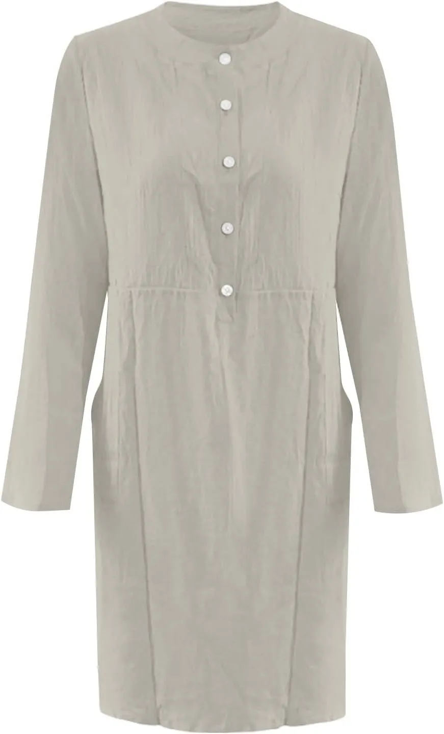 Linen Dresses for Women 2025 Summer Casual 3/4 Sleeve Button Down Midi Dress Plus Size Crewneck Loose Beach Sundress