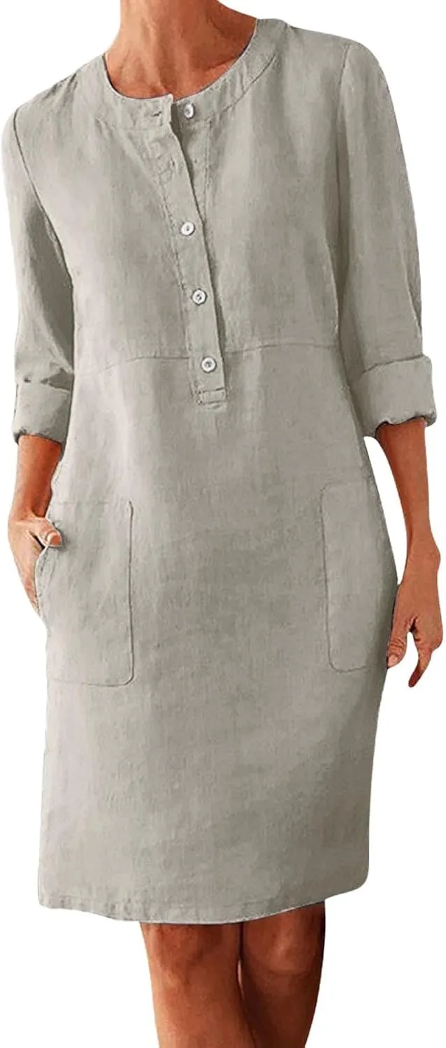 Linen Dresses for Women 2025 Summer Casual 3/4 Sleeve Button Down Midi Dress Plus Size Crewneck Loose Beach Sundress