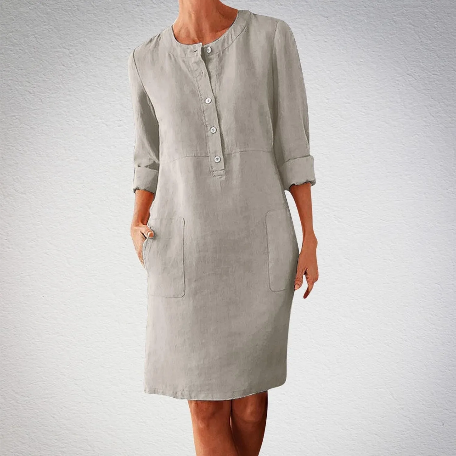 Linen Dresses for Women 2025 Summer Casual 3/4 Sleeve Button Down Midi Dress Plus Size Crewneck Loose Beach Sundress