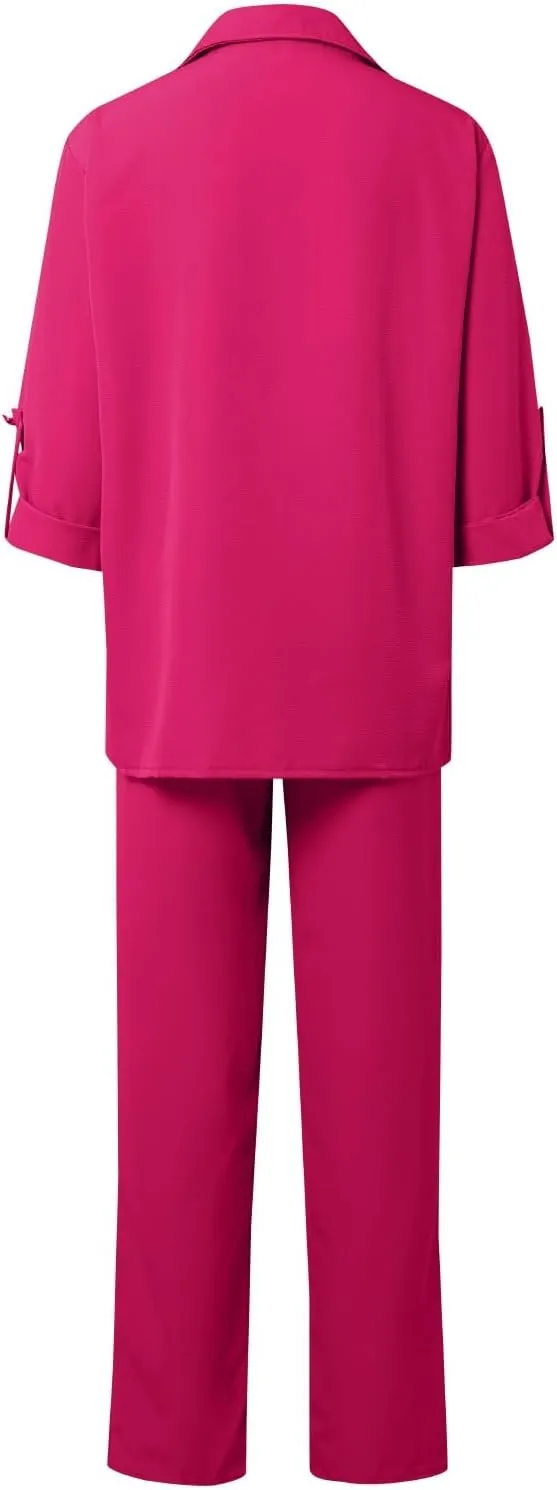 Linen Sets for Women 2 Piece Straight Wide Leg Pants Set Short Sleeve T-shirt Casual Outfits Comfy Loungewear
