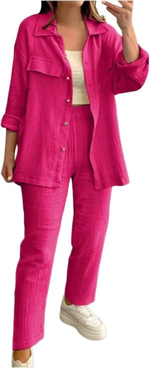 Linen Sets for Women 2 Piece Straight Wide Leg Pants Set Short Sleeve T-shirt Casual Outfits Comfy Loungewear