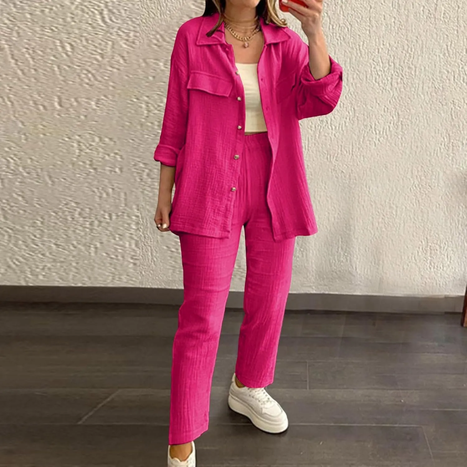 Linen Sets for Women 2 Piece Straight Wide Leg Pants Set Short Sleeve T-shirt Casual Outfits Comfy Loungewear