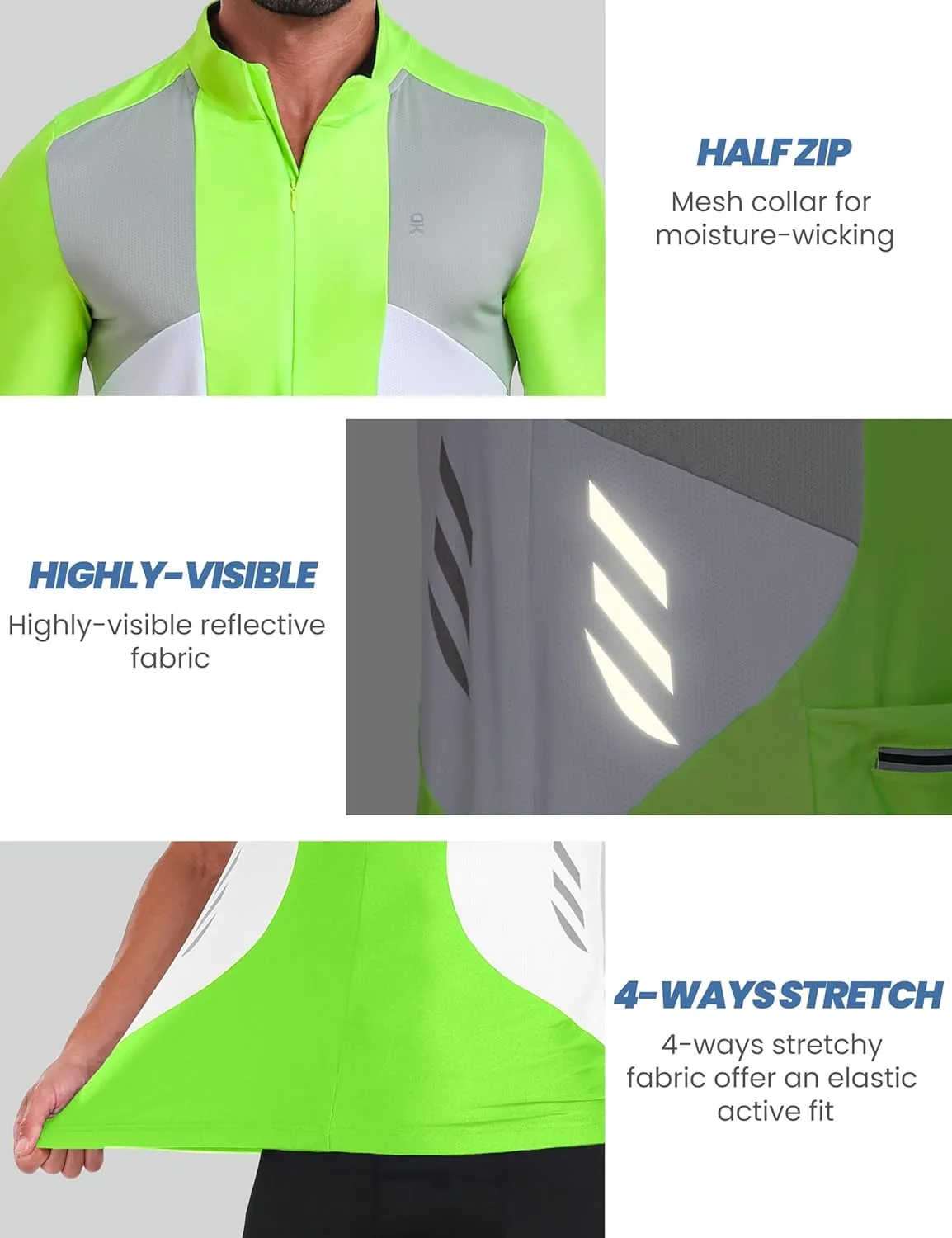 Little Donkey Andy Men's Half Zip Breathable Cycling Vests Reflective Sleeveless Jerseys Lightweight Bicycle Running
