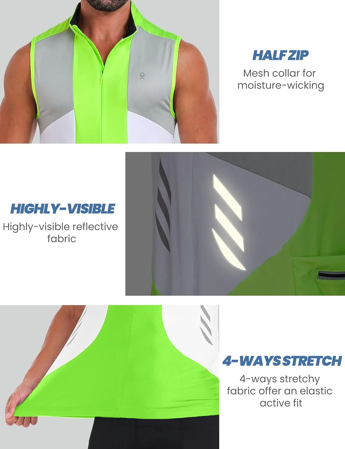 Little Donkey Andy Men's Half Zip Breathable Cycling Vests Reflective Sleeveless Jerseys Lightweight Bicycle Running