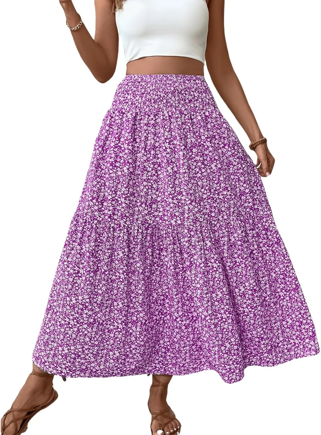 Long Flowy Skirts for Women Boho Chiffon Elastic High Waist Pleated A-Line Flared Maxi Skirt Summer Beach Skirts