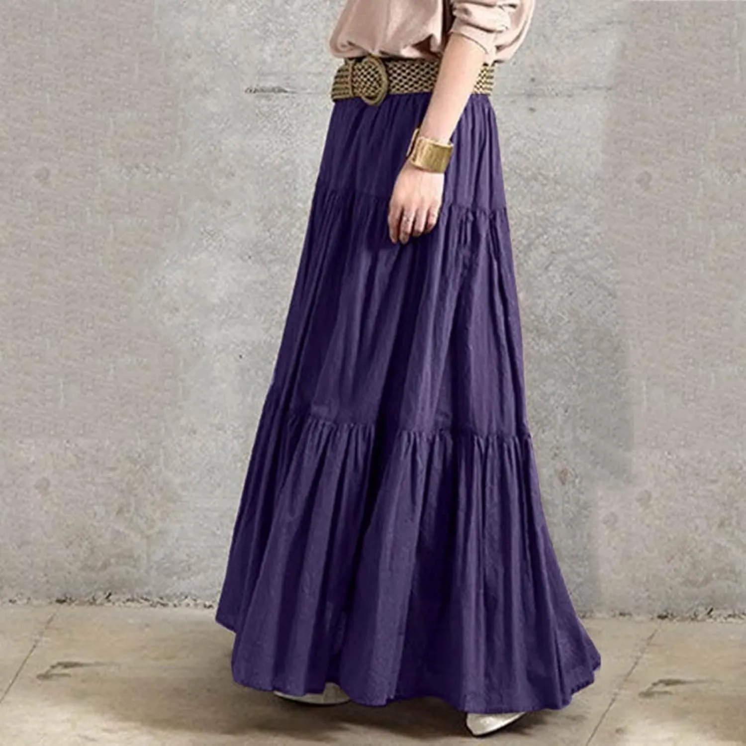 Long Maxi Plus Size Skirts for Women 2025 Summer Flowy Swing Tiered Elastic High Waist Pleated Skirt No Have Belt