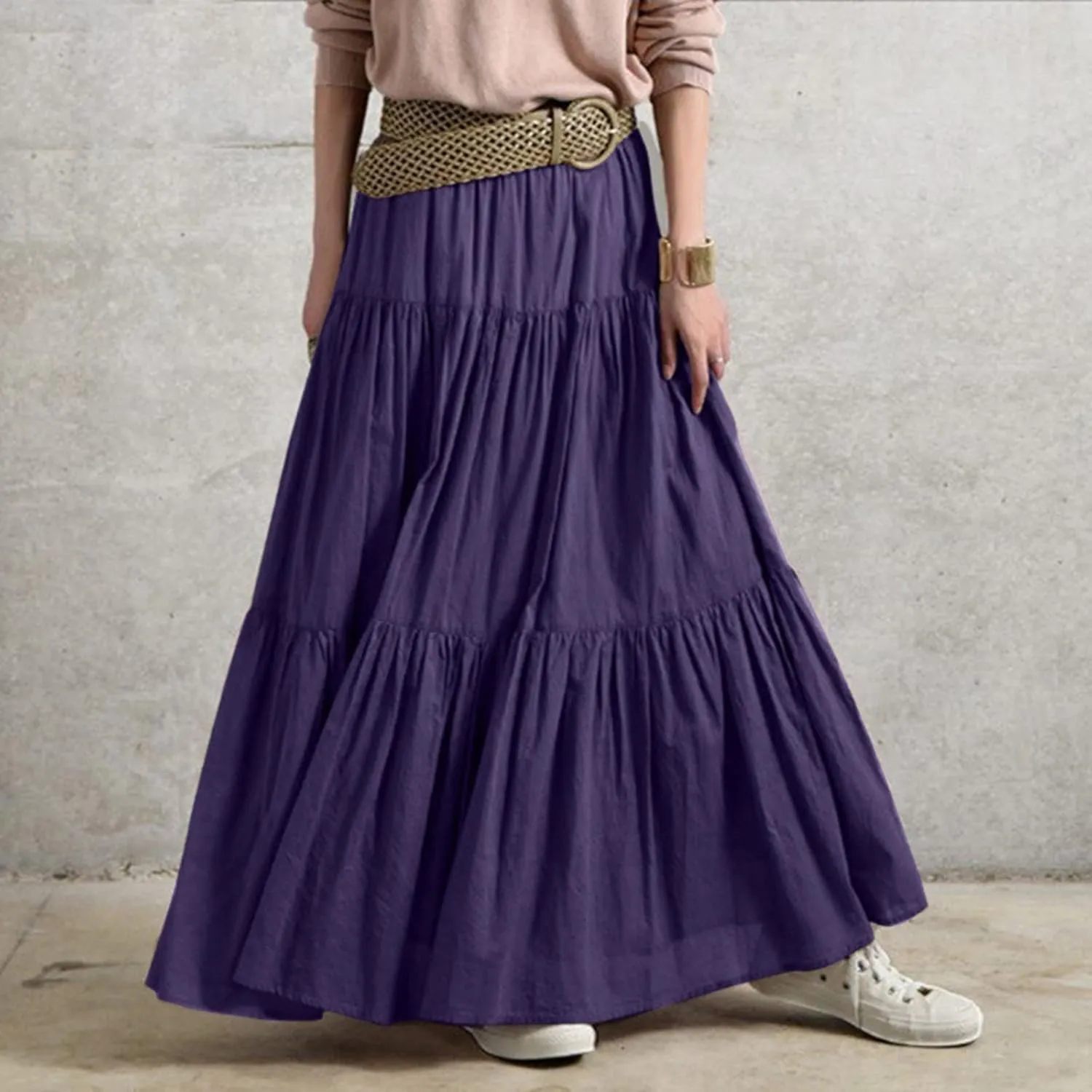 Long Maxi Plus Size Skirts for Women 2025 Summer Flowy Swing Tiered Elastic High Waist Pleated Skirt No Have Belt