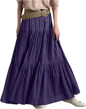 Long Maxi Plus Size Skirts for Women 2025 Summer Flowy Swing Tiered Elastic High Waist Pleated Skirt No Have Belt