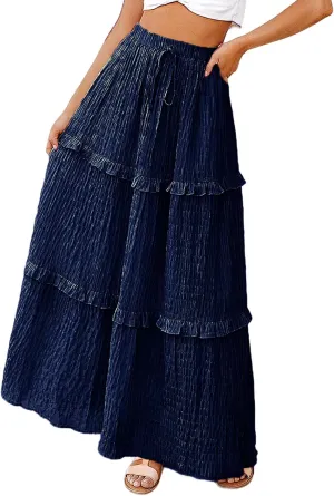 Long Skirt for Women Summer Elegant High-Waisted Ruffle Boho Pleated Maxi Dress Casual A-line Swing Flowy Skirts