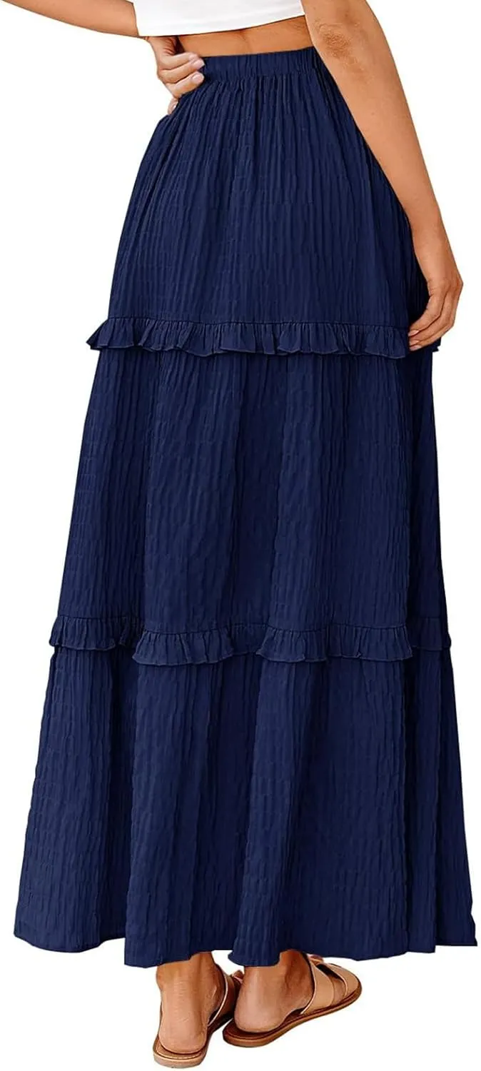 Long Skirt for Women Summer Elegant High-Waisted Ruffle Boho Pleated Maxi Dress Casual A-line Swing Flowy Skirts