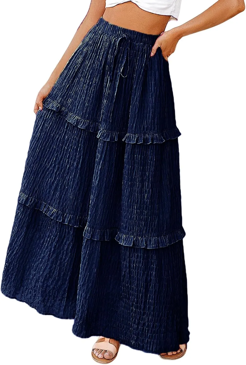 Long Skirt for Women Summer Elegant High-Waisted Ruffle Boho Pleated Maxi Dress Casual A-line Swing Flowy Skirts