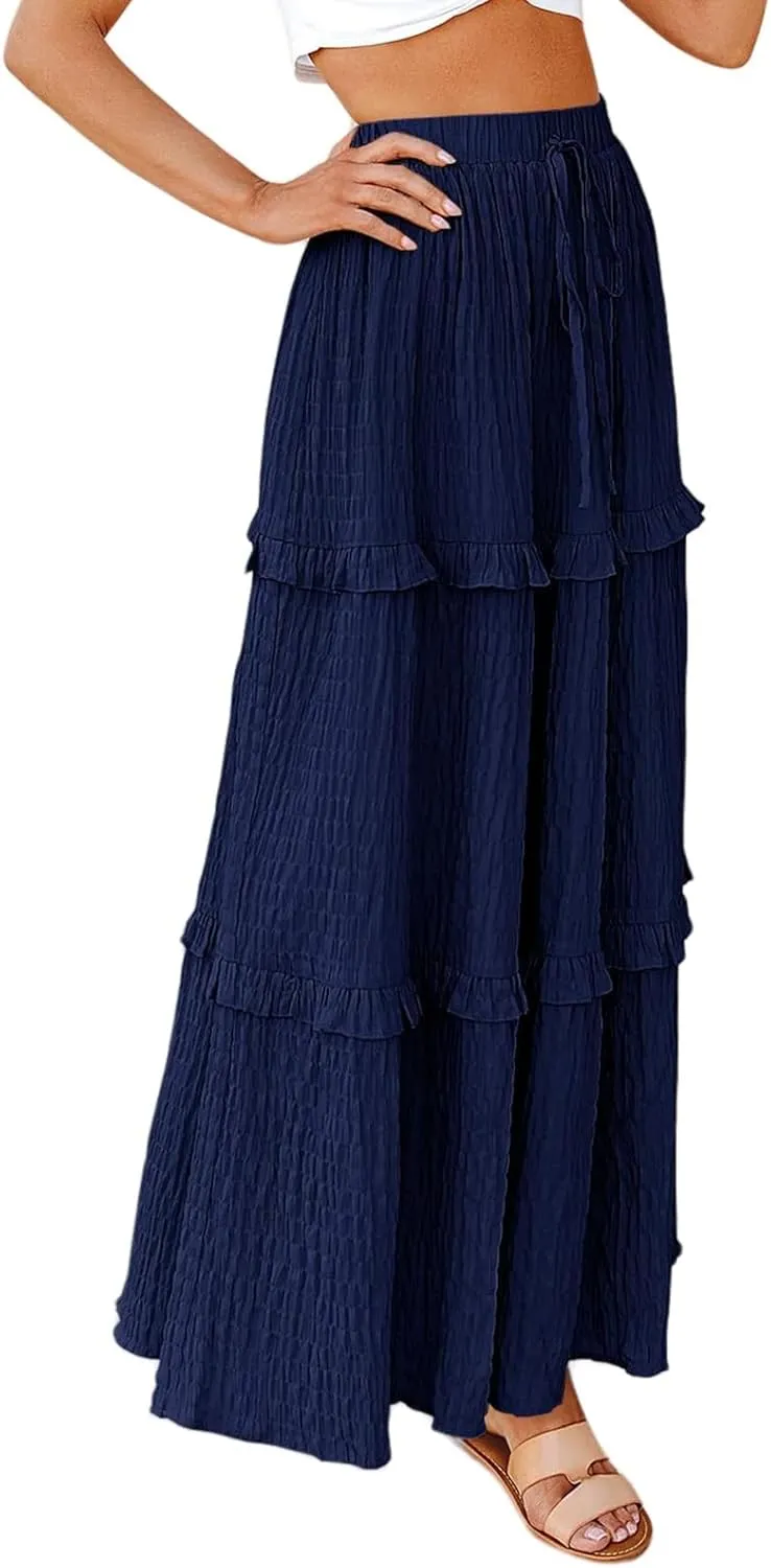 Long Skirt for Women Summer Elegant High-Waisted Ruffle Boho Pleated Maxi Dress Casual A-line Swing Flowy Skirts