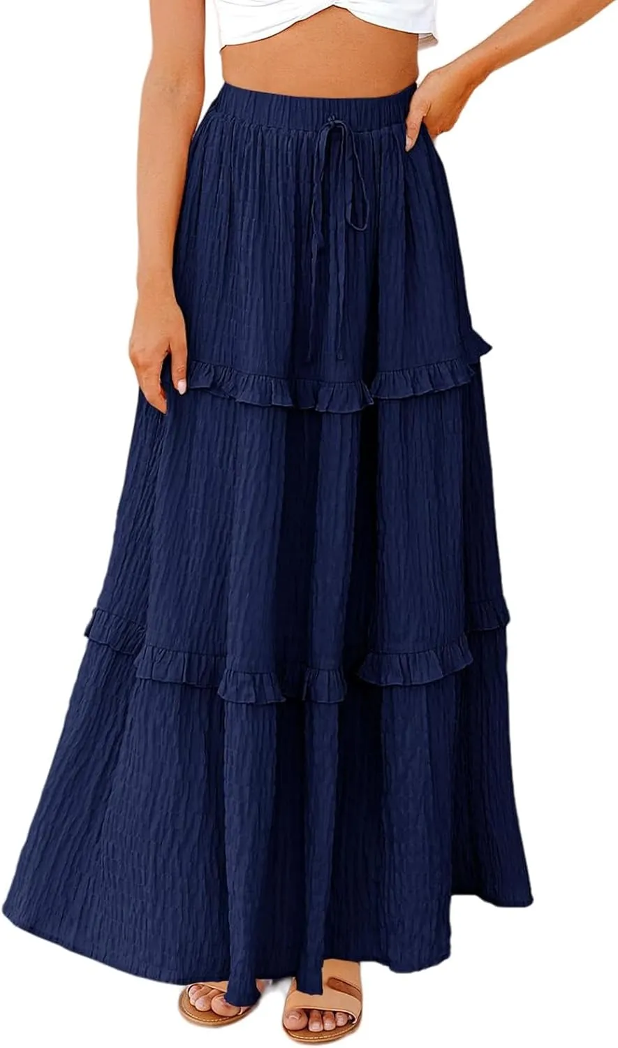 Long Skirt for Women Summer Elegant High-Waisted Ruffle Boho Pleated Maxi Dress Casual A-line Swing Flowy Skirts