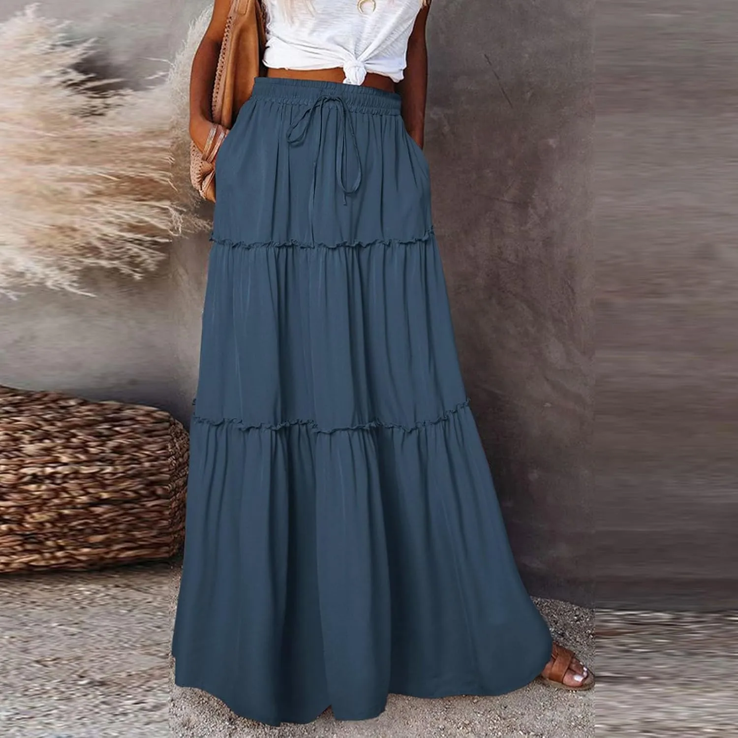 Long Skirts for Women Summer Tiered Flowy Floral Maxi Skirt High Waist Ruffle Beach Vacation Pleated Skirts w/Pockets