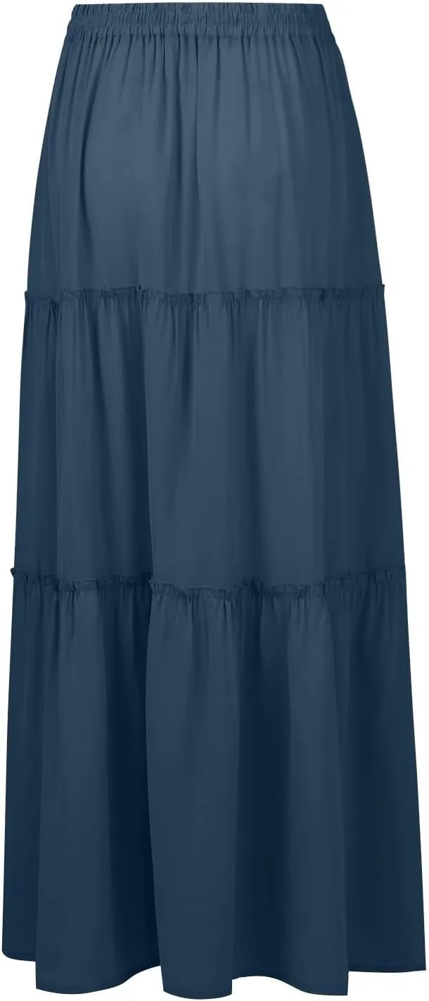 Long Skirts for Women Summer Tiered Flowy Floral Maxi Skirt High Waist Ruffle Beach Vacation Pleated Skirts w/Pockets
