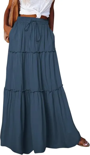 Long Skirts for Women Summer Tiered Flowy Floral Maxi Skirt High Waist Ruffle Beach Vacation Pleated Skirts w/Pockets