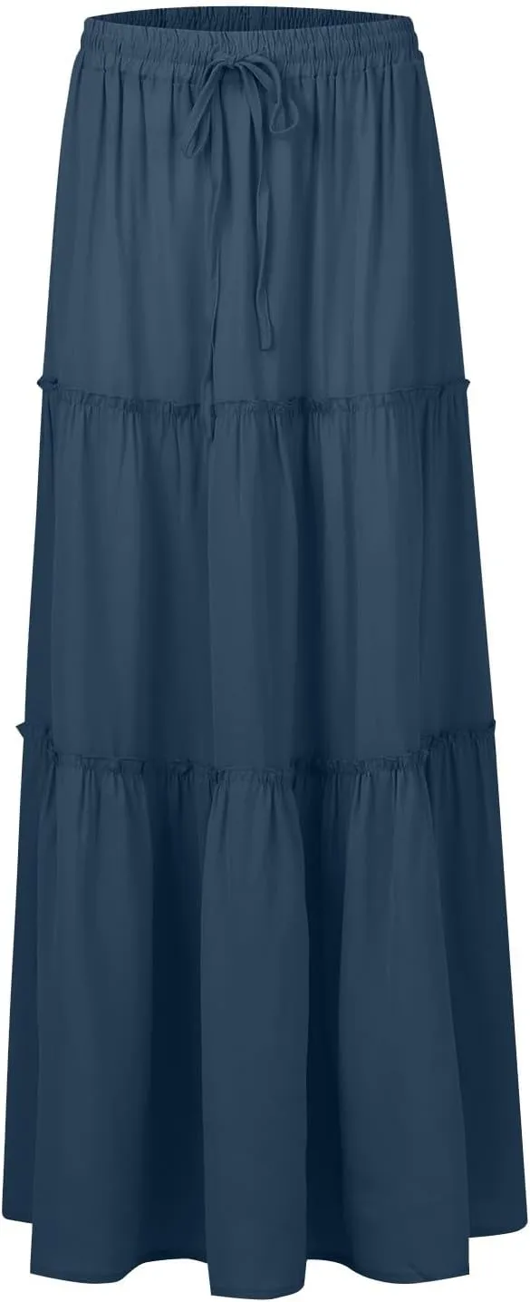 Long Skirts for Women Summer Tiered Flowy Floral Maxi Skirt High Waist Ruffle Beach Vacation Pleated Skirts w/Pockets