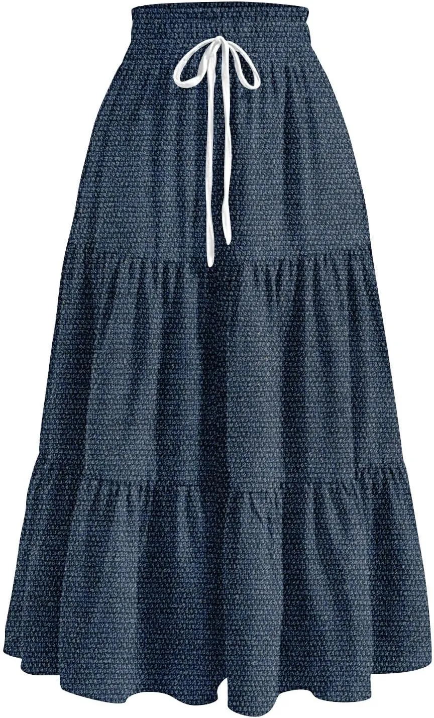 Long Skirts for Women Trendy Drawstring High Waisted Tiered Ruffle Midi Skirts Casual Summer Vacation Beach Skirt