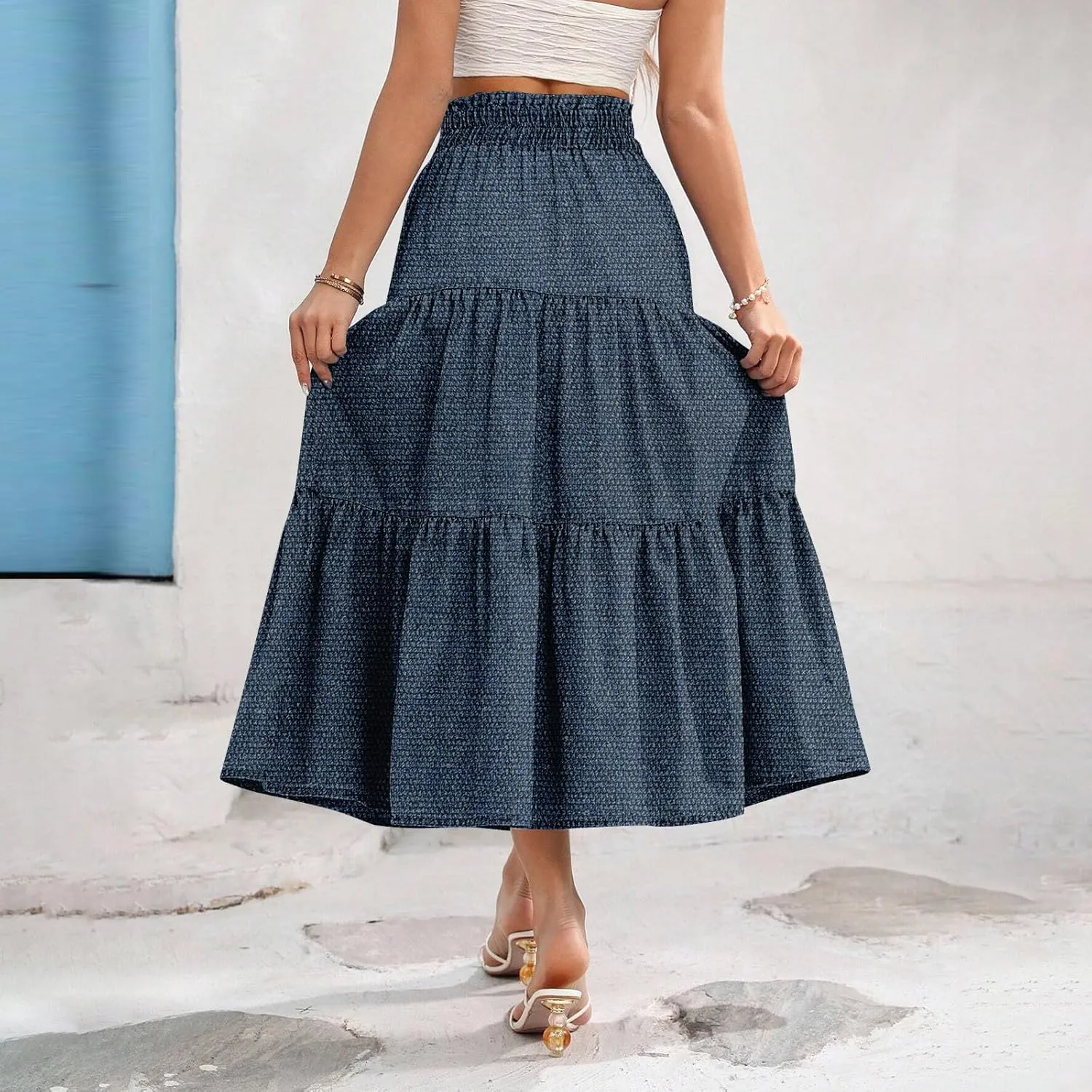 Long Skirts for Women Trendy Drawstring High Waisted Tiered Ruffle Midi Skirts Casual Summer Vacation Beach Skirt