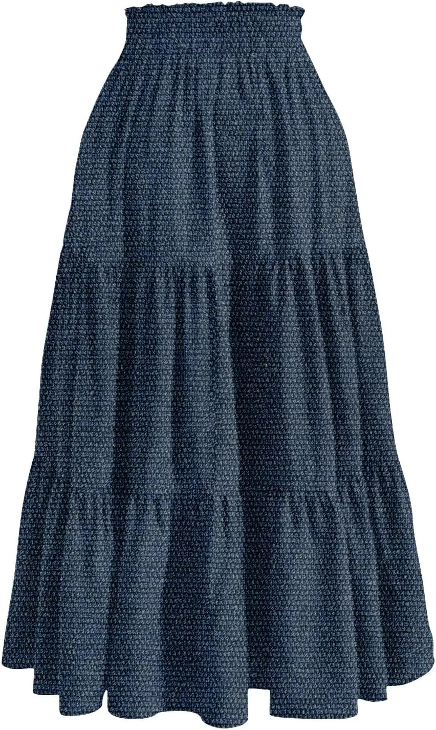 Long Skirts for Women Trendy Drawstring High Waisted Tiered Ruffle Midi Skirts Casual Summer Vacation Beach Skirt