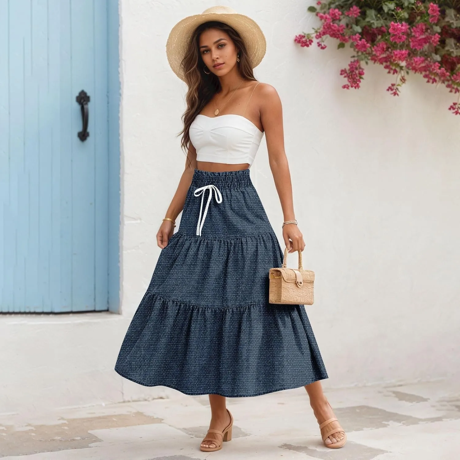 Long Skirts for Women Trendy Drawstring High Waisted Tiered Ruffle Midi Skirts Casual Summer Vacation Beach Skirt