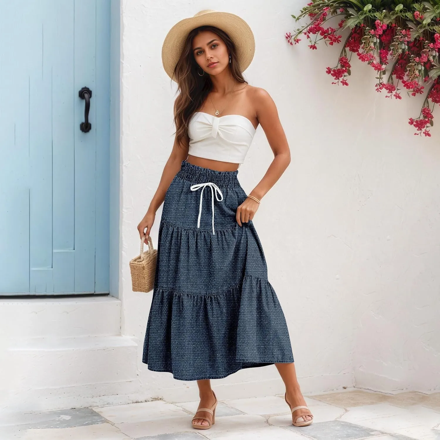 Long Skirts for Women Trendy Drawstring High Waisted Tiered Ruffle Midi Skirts Casual Summer Vacation Beach Skirt