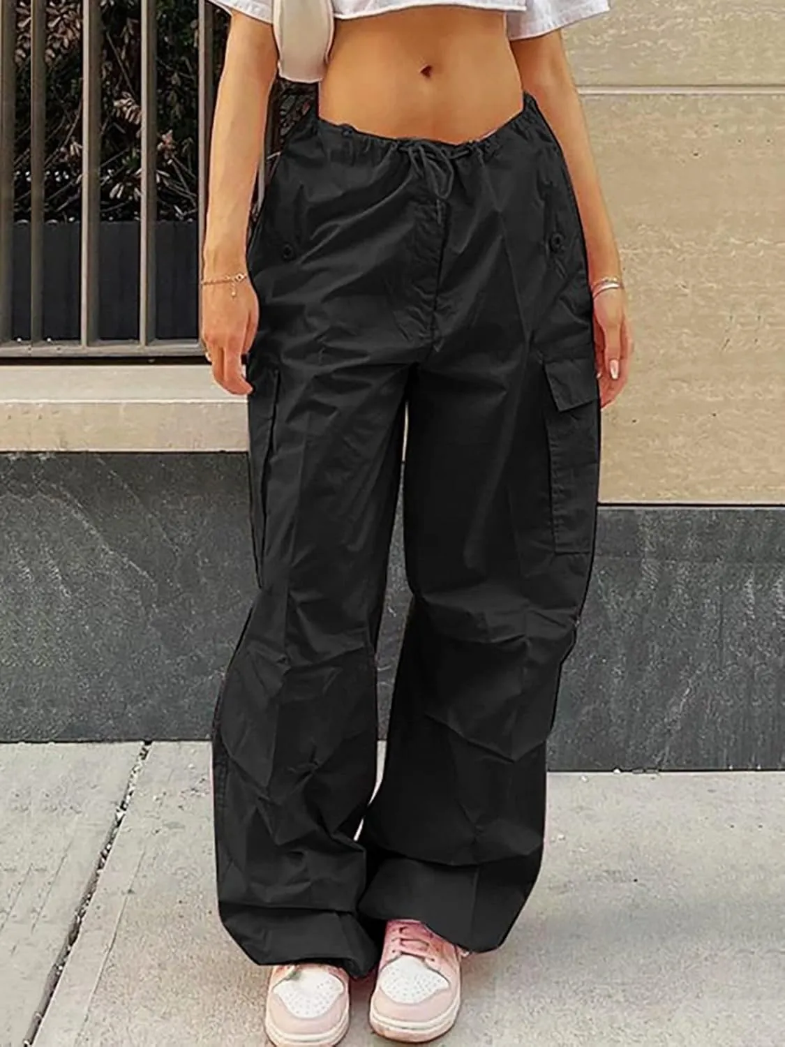 LQI Parachute Pants for Women Y2K Baggy Cargo Pants Drawstring Trousers Low Rise Loose Jogger Sweatpants