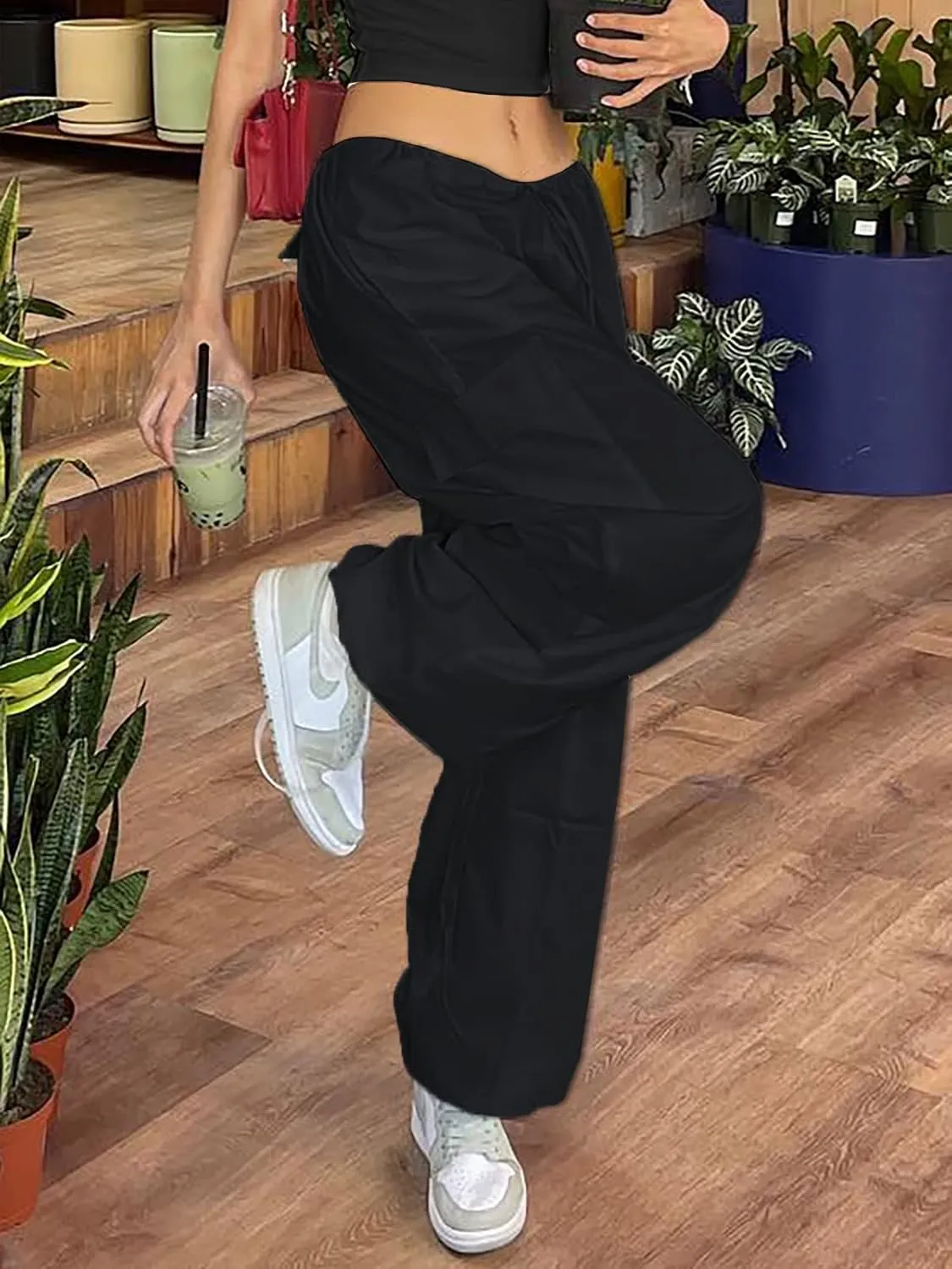 LQI Parachute Pants for Women Y2K Baggy Cargo Pants Drawstring Trousers Low Rise Loose Jogger Sweatpants