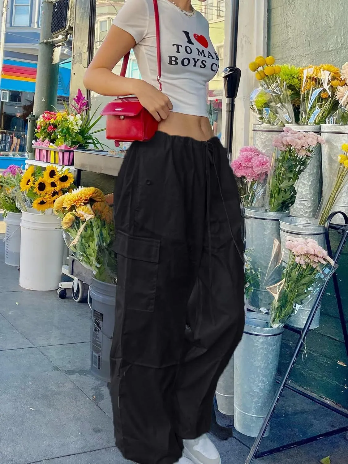LQI Parachute Pants for Women Y2K Baggy Cargo Pants Drawstring Trousers Low Rise Loose Jogger Sweatpants