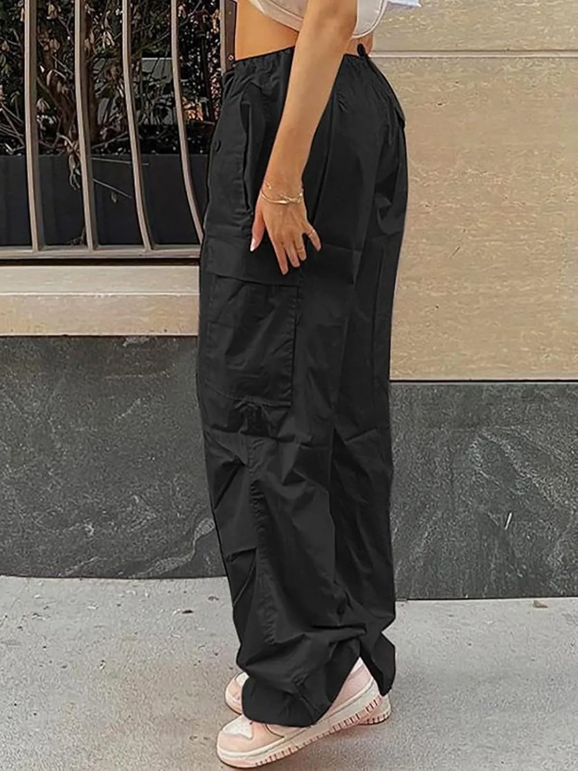 LQI Parachute Pants for Women Y2K Baggy Cargo Pants Drawstring Trousers Low Rise Loose Jogger Sweatpants