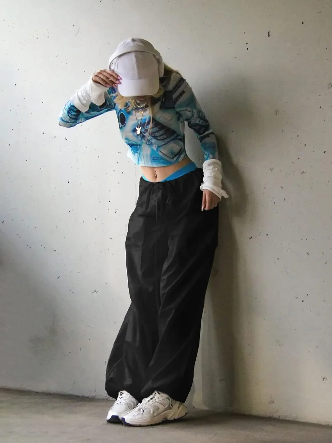 LQI Parachute Pants for Women Y2K Baggy Cargo Pants Drawstring Trousers Low Rise Loose Jogger Sweatpants