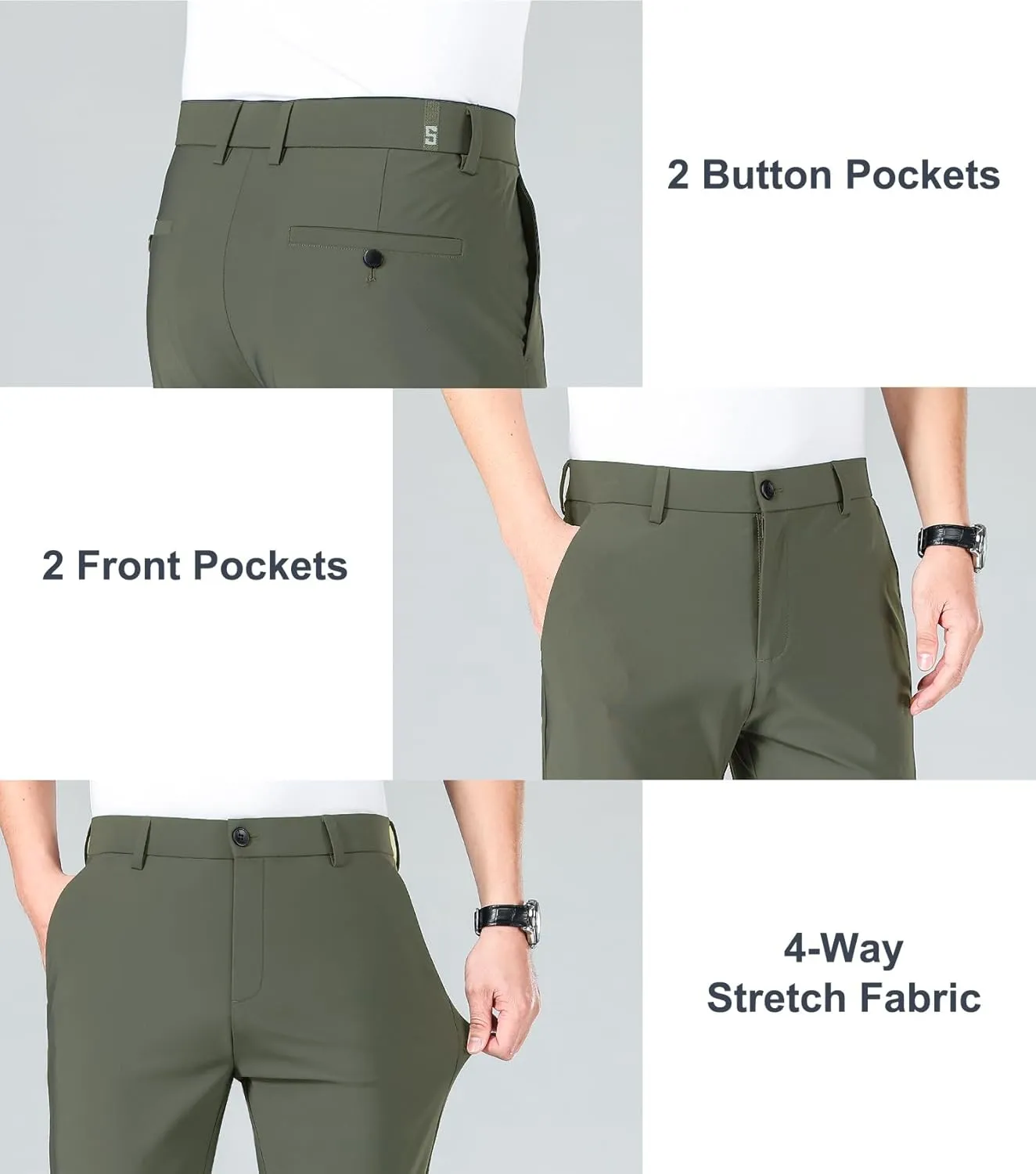 LUSHENUNI Men's Golf Pants Slim High Stretch, Ice Silk Dress Pants with Expandable-Waist Pants