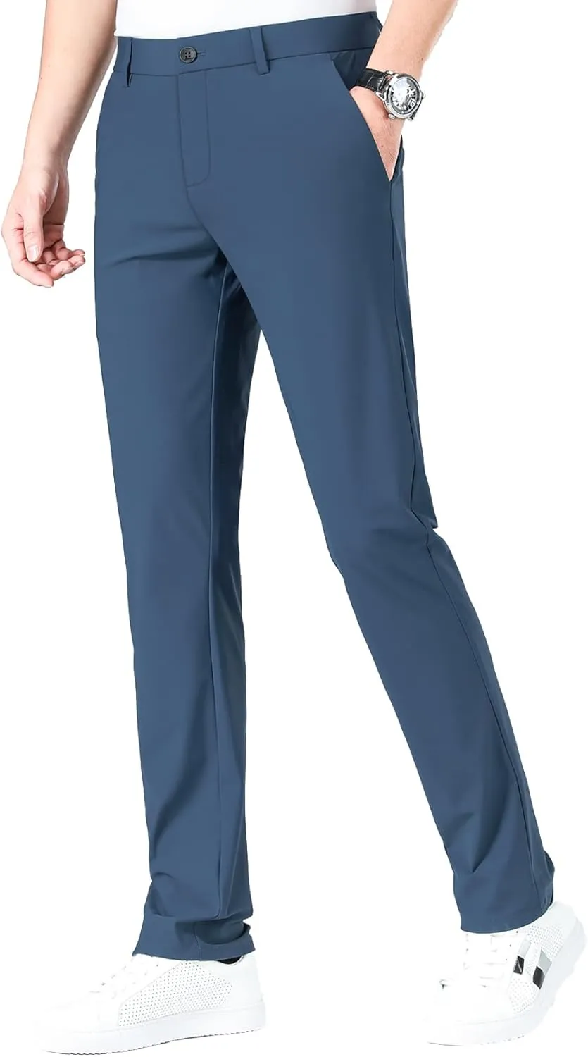 LUSHENUNI Men's Golf Pants Slim High Stretch, Ice Silk Dress Pants with Expandable-Waist Pants