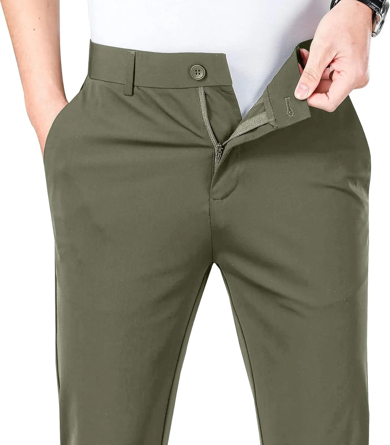 LUSHENUNI Men's Golf Pants Slim High Stretch, Ice Silk Dress Pants with Expandable-Waist Pants