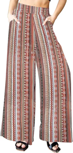 LYANER Women's High Waist Wide Leg Palazzo Pants Elastic Waist Patterned Trousers with Pockets